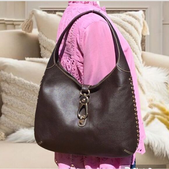 DOONEY AND BOURKE BROWN LEATHER WOVEN DETAILS GOLD HARDWARE - Picture 1 of 16